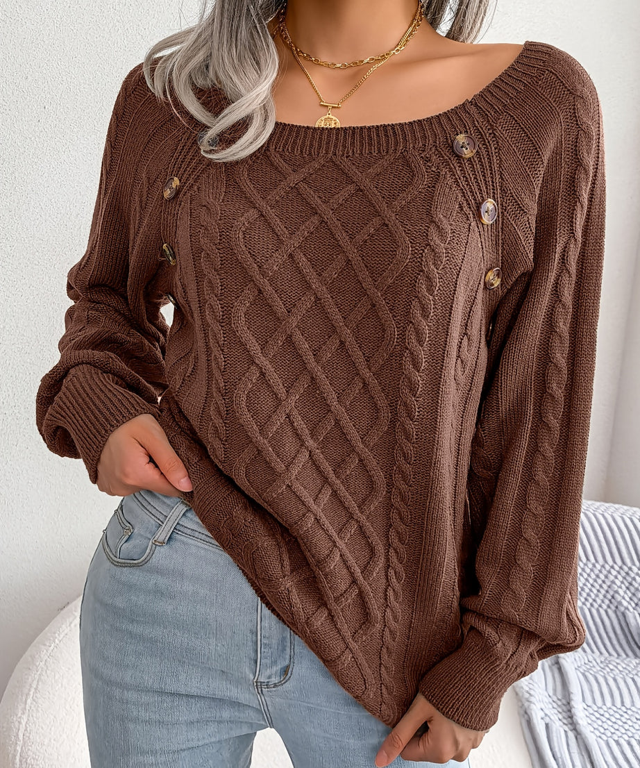 [Texture Lantern Sleeve Sweater] Round Neck Texture Lantern Sleeve Women's Sweater - Button Sweater