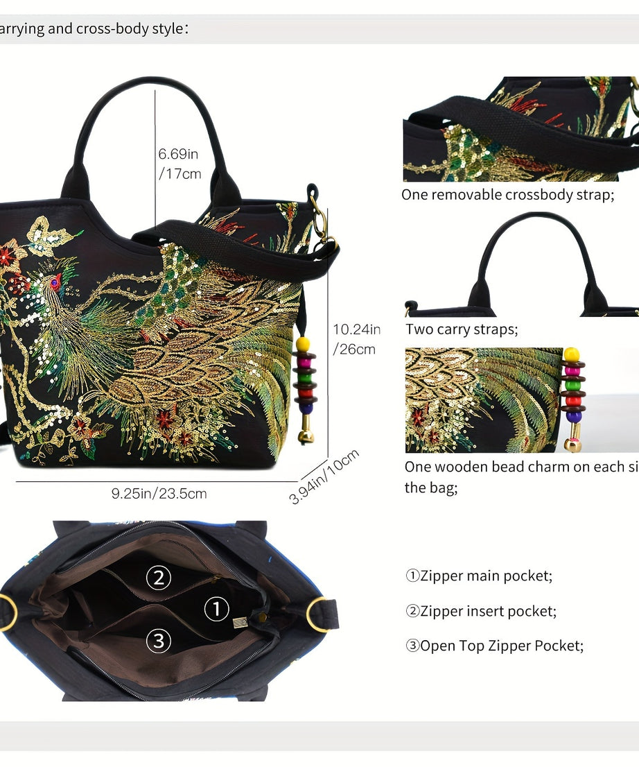 [Fashion Satchel] Retro Style Wo 'S Embroidered Satchel Bag | Fashion Double Handle Purse with Removable Strap