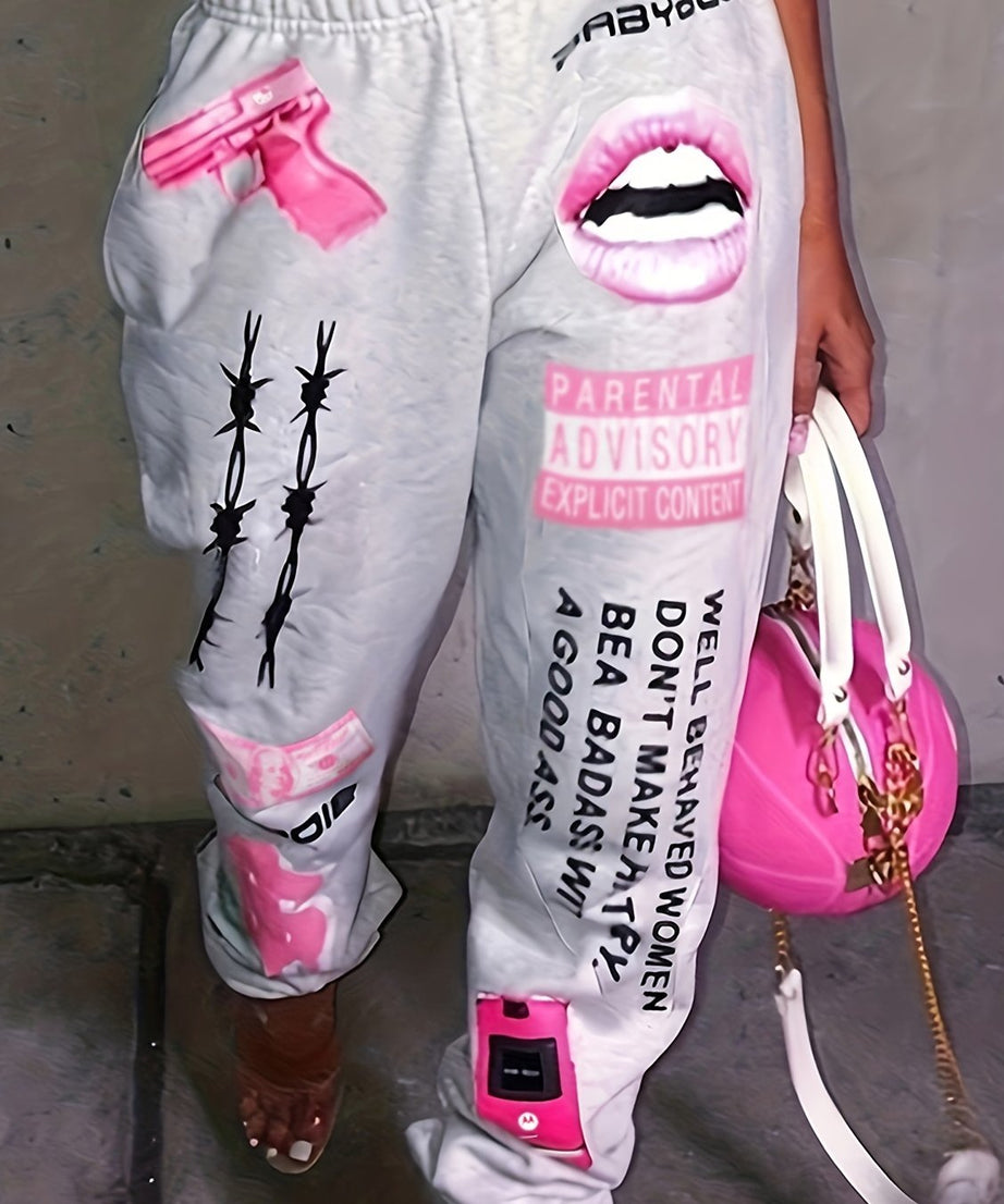 [Plus Size Sweater Pants] Plus Size Women's TB5553 Elastic Waist Sports Sweater Oversize Pants Bottom