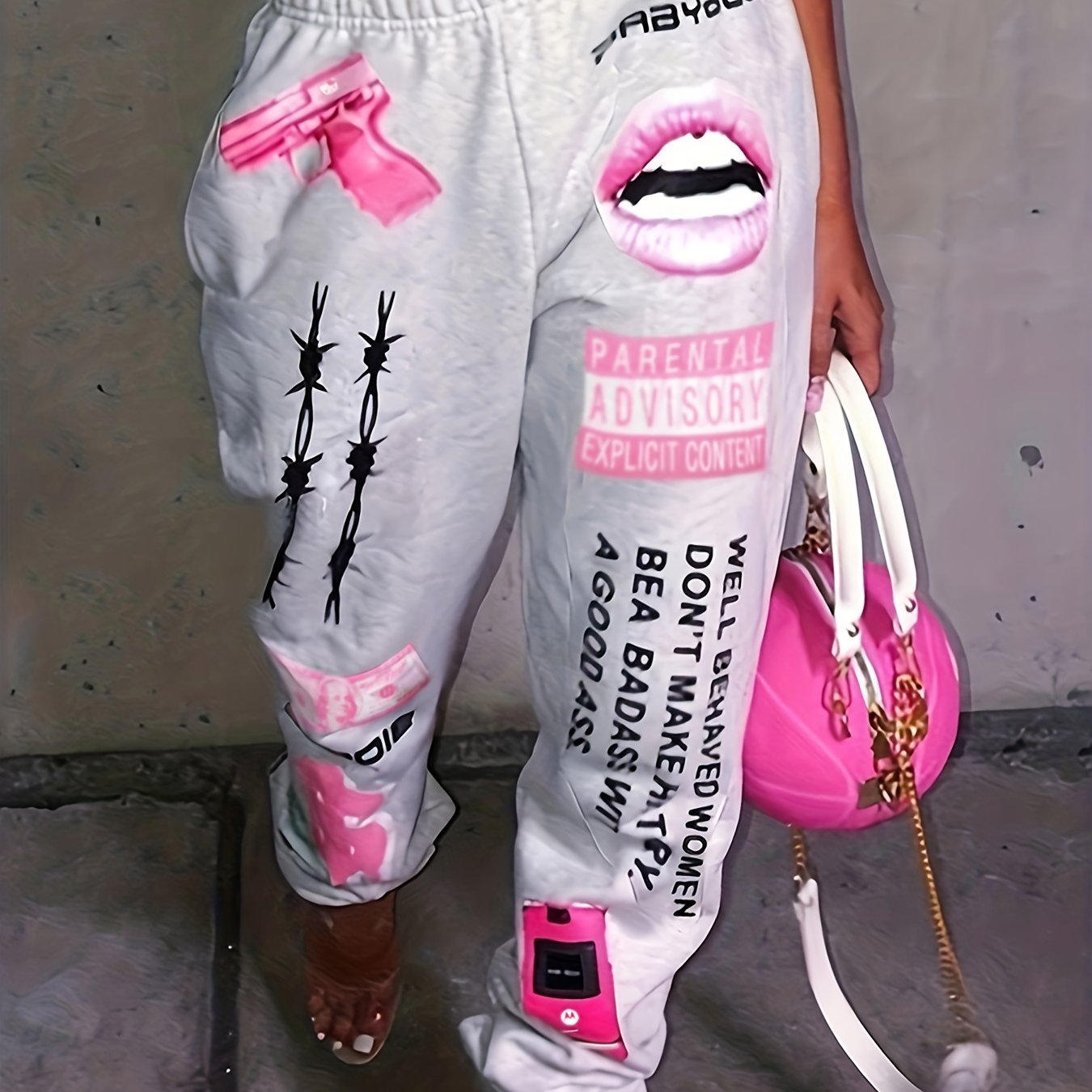 [Plus Size Sweater Pants] Plus Size Women's TB5553 Elastic Waist Sports Sweater Oversize Pants Bottom