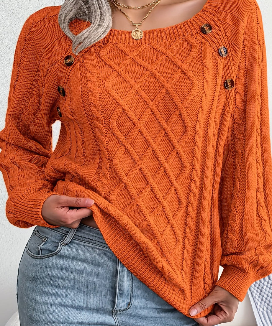 [Texture Lantern Sleeve Sweater] Round Neck Texture Lantern Sleeve Women's Sweater - Button Sweater