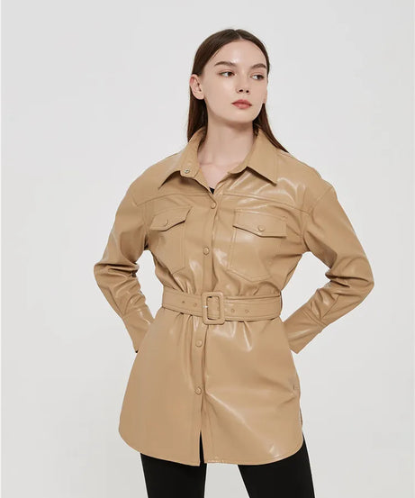 Women's high waist lace-up PU coat