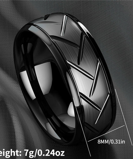 1pc 8MM Luxury High Quality Black Titanium Steel Ring Fashion Simple Men's Black Stainless Steel Wire Groove Tire Ring Artificial Jewelry Lover Gift