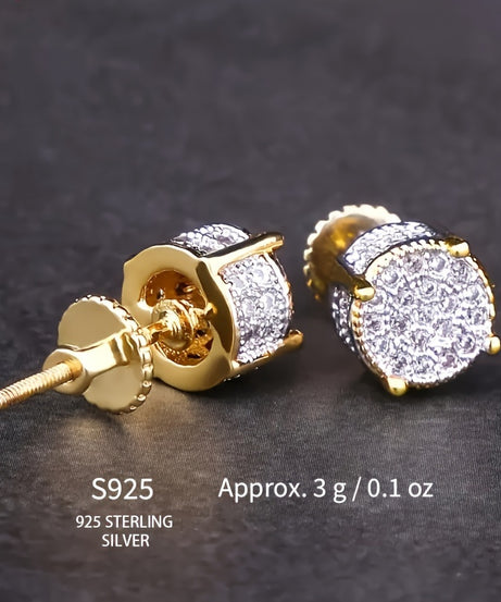 Set of 2 S925 Silvery Hip-Hop Men'S Earrings Featuring Synthetic Zirconia with Micro-Setting And Color Plating in a Round Design.