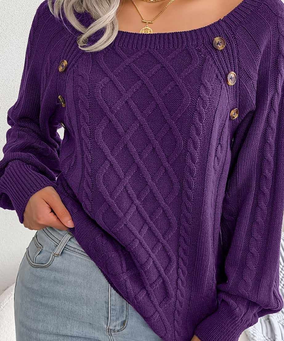 [Texture Lantern Sleeve Sweater] Round Neck Texture Lantern Sleeve Women's Sweater - Button Sweater