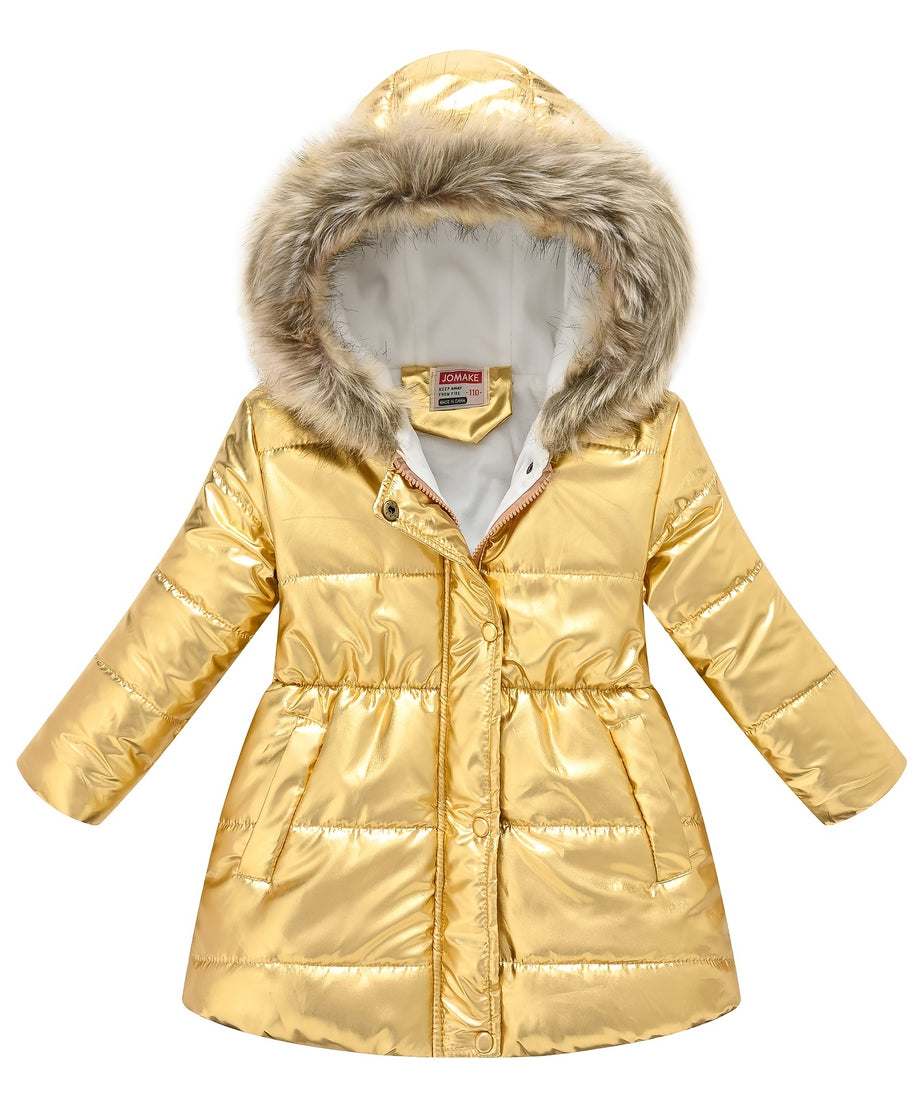 Children's Winter New Style Thickened Glossy Hooded Jacket for Boys and Girls, Mid-Length