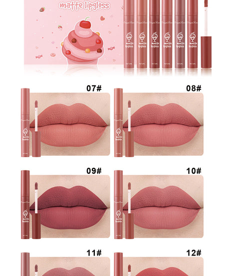 6 Pcs Long Lasting Waterproof Lip Glaze Lipstick 6 Sets Non Stick Cup Nude Skin Color Lip Gloss Cute Set Box