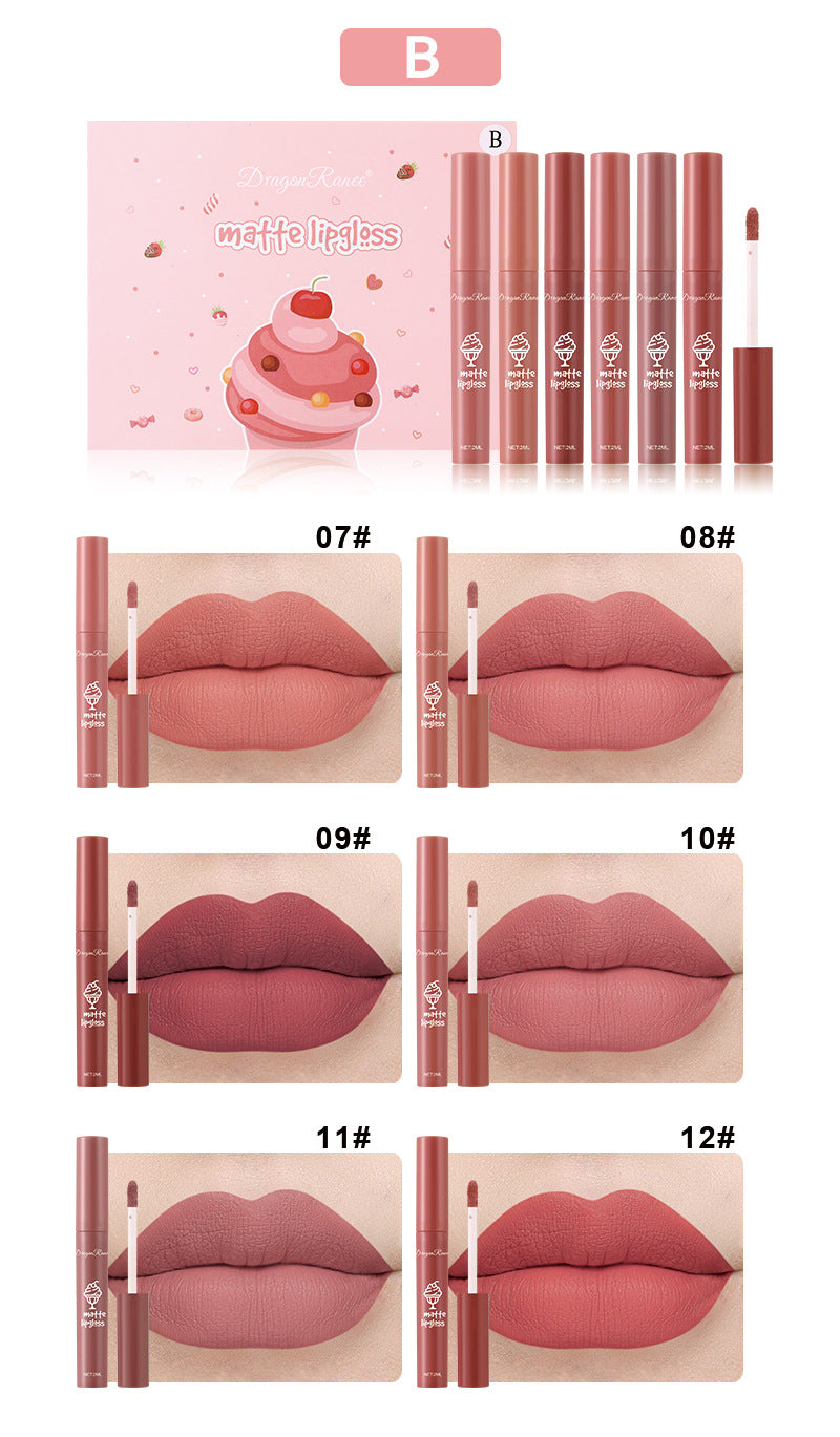 6 Pcs Long Lasting Waterproof Lip Glaze Lipstick 6 Sets Non Stick Cup Nude Skin Color Lip Gloss Cute Set Box