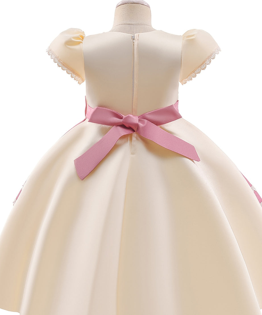 Girls Princess Dress Short Sleeve Embroidered Flower Bow Lace Dress Performance Dress Wedding Flower Girls For Evening Birthday Party Kids Clothes