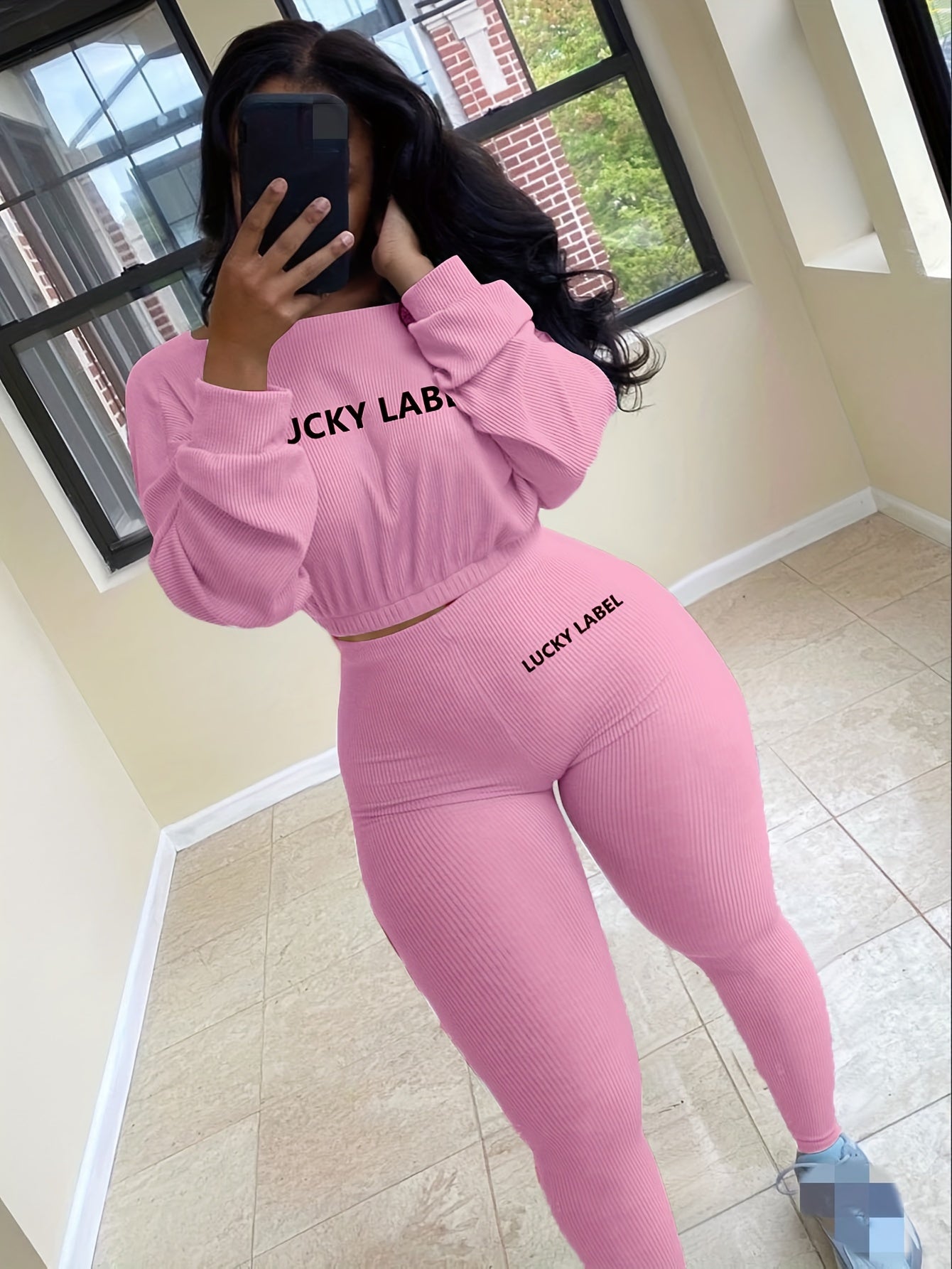 [Women's Sweatshirt Set] Letter Embroidery Women's Two Piece Ribbed s Fall Spring Long Sleeve Sweatshirt and Skinny Pants Set