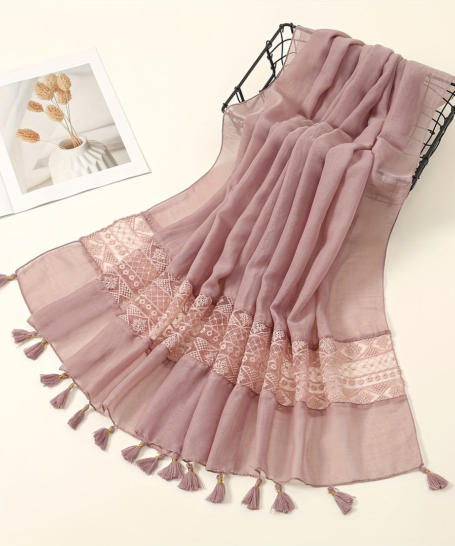 [Elegant Scarf] Elegant Embroidery Hollow Lace Tassel Scarf | Fashion Casual Cold Weather Scarves Wraps For Women for eid