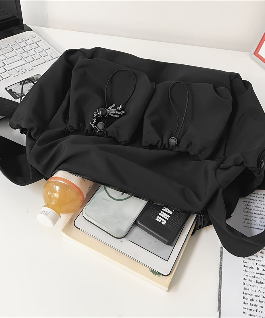 Drawstring Detail Crossbody Bag, Large Capacity Shoulder Bag, Fashion Zipper Bag With Bag Charm