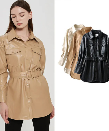 Women's high waist lace-up PU coat