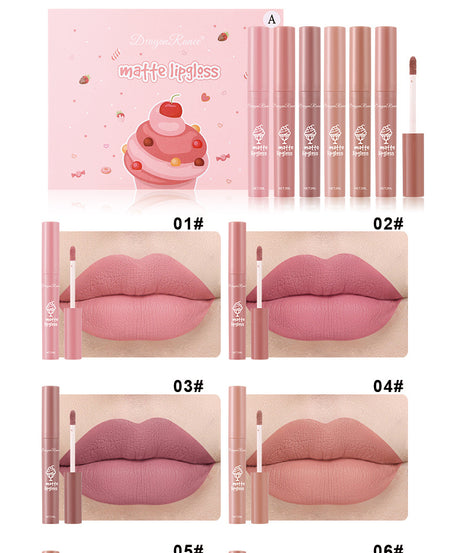 6 Pcs Long Lasting Waterproof Lip Glaze Lipstick 6 Sets Non Stick Cup Nude Skin Color Lip Gloss Cute Set Box