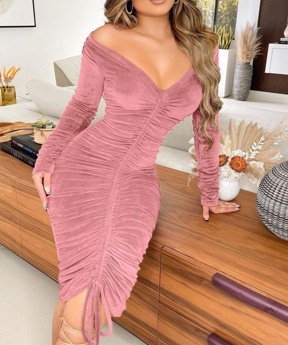 Women's Dresses V Neck Off The Shoulder Velvet Ruched Mid-length Dresses