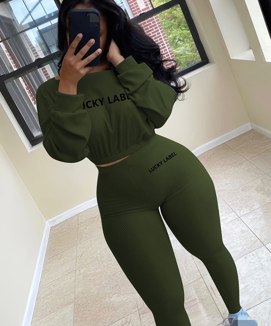 [Women's Sweatshirt Set] Letter Embroidery Women's Two Piece Ribbed s Fall Spring Long Sleeve Sweatshirt and Skinny Pants Set