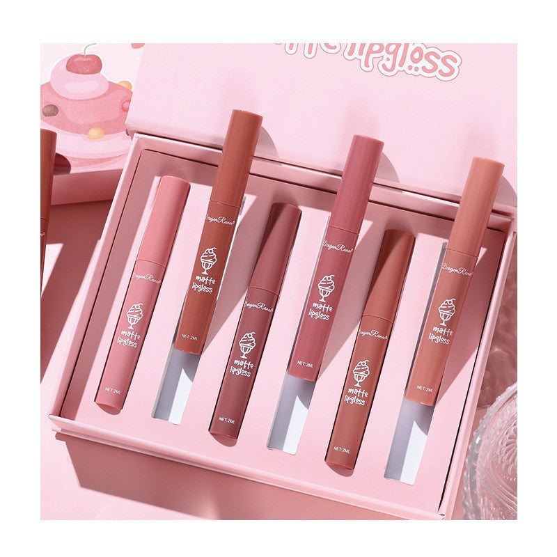 6 Pcs Long Lasting Waterproof Lip Glaze Lipstick 6 Sets Non Stick Cup Nude Skin Color Lip Gloss Cute Set Box