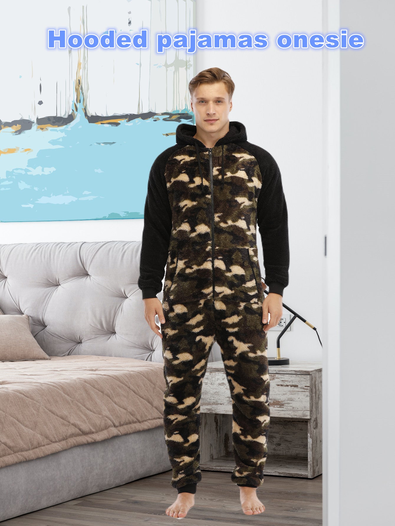 Men'S Heavy-Duty Full-Zip Hooded Onesie - Long Sleeve Winter Sleepwear, Thermal Insulated Lounge suit with Drawstring Hood, Loose Fit Onesie for Cold Weather, Christmas Costume & Everyday Indoor/Outdoor Use - Easy Zipper Clos