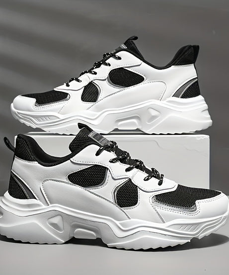 Men's Breathable Mesh Chunky Sneakers - White & Teal Casual Sneakers with EVA Sole, Lace-Up Design for All Seasons