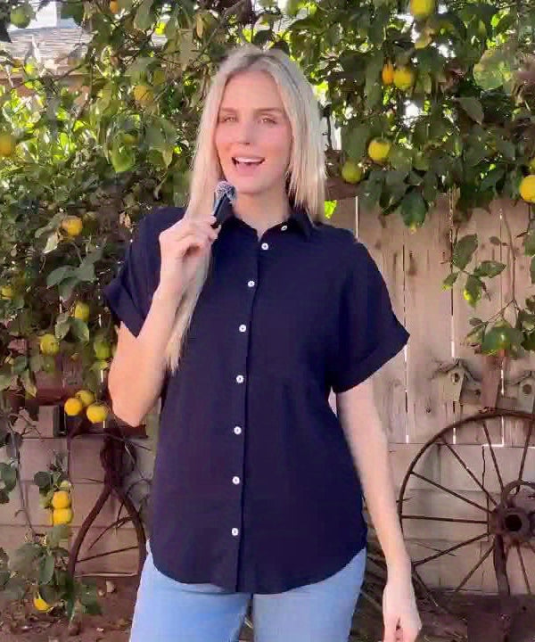 [Casual Shirt] Casual Summer Women's Short Sleeve V-Neck Button-Up Shirt with Pockets - Light Gray | Vacation Clothing, Glossy Texture