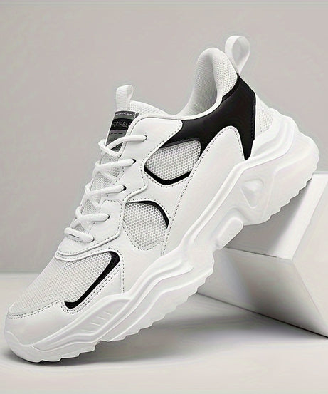 Men's Breathable Mesh Chunky Sneakers - White & Teal Casual Sneakers with EVA Sole, Lace-Up Design for All Seasons