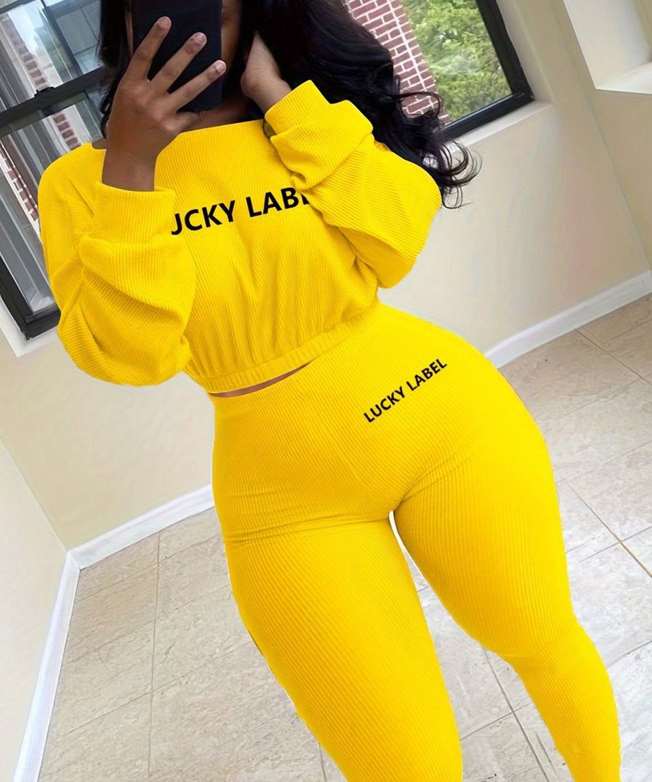 [Women's Sweatshirt Set] Letter Embroidery Women's Two Piece Ribbed s Fall Spring Long Sleeve Sweatshirt and Skinny Pants Set