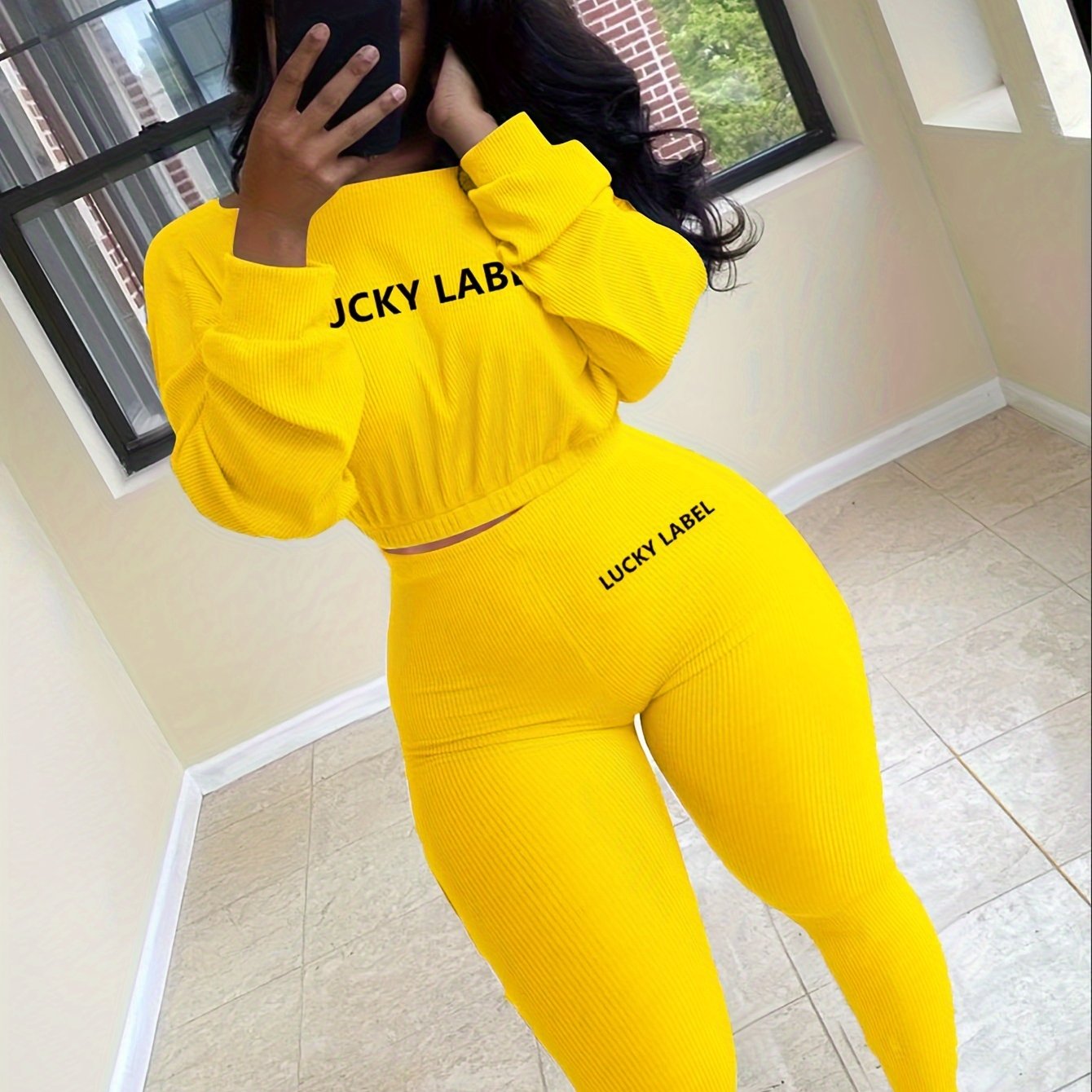 [Women's Sweatshirt Set] Letter Embroidery Women's Two Piece Ribbed s Fall Spring Long Sleeve Sweatshirt and Skinny Pants Set