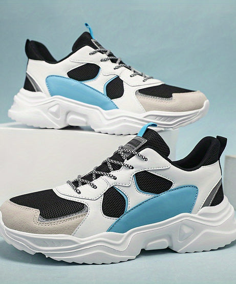 Men's Breathable Mesh Chunky Sneakers - White & Teal Casual Sneakers with EVA Sole, Lace-Up Design for All Seasons