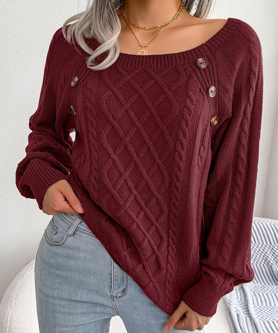 [Texture Lantern Sleeve Sweater] Round Neck Texture Lantern Sleeve Women's Sweater - Button Sweater