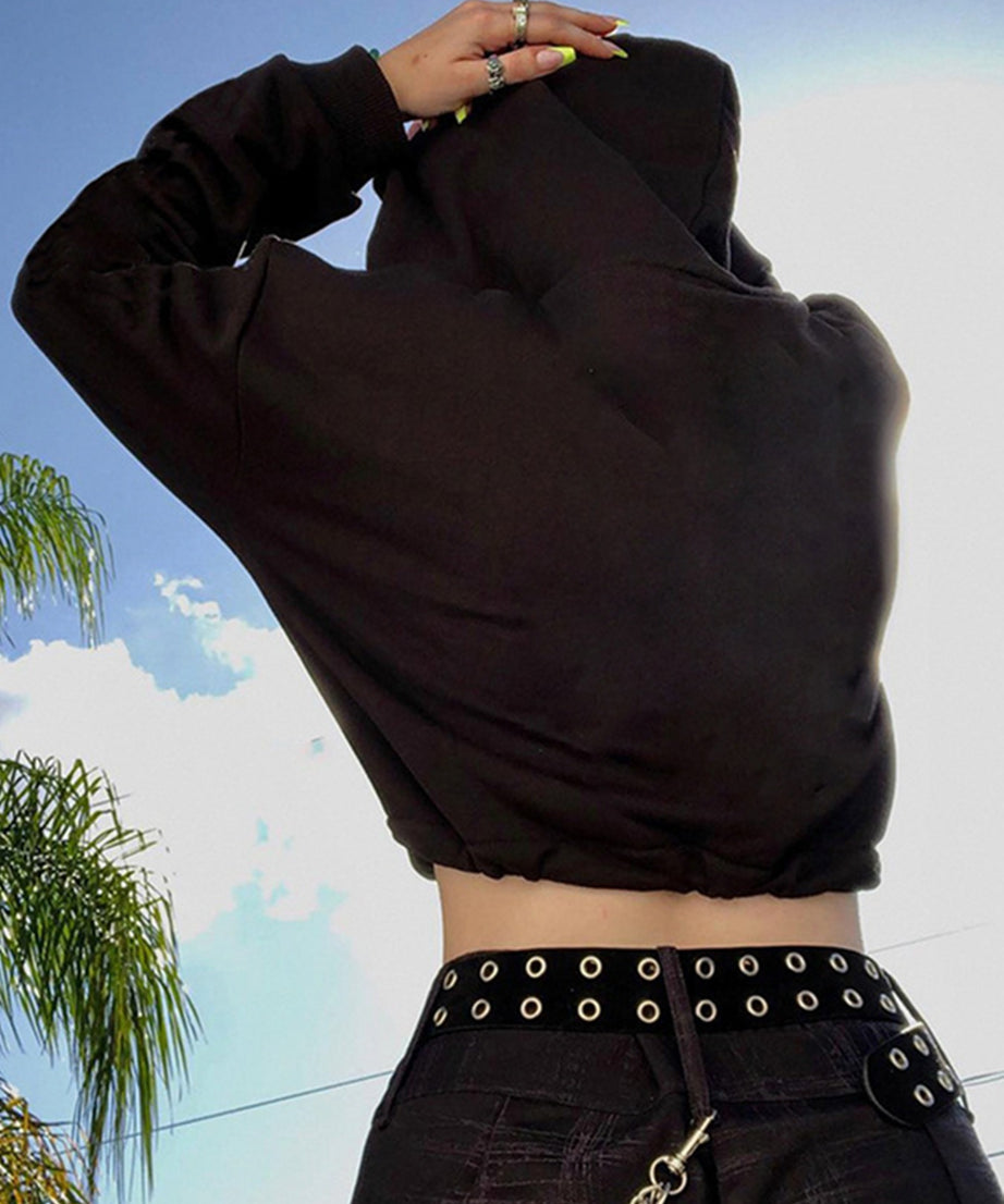 Women's Gothic Skull Print Casual Drawstring Short Hoodie Long Sleeve Top