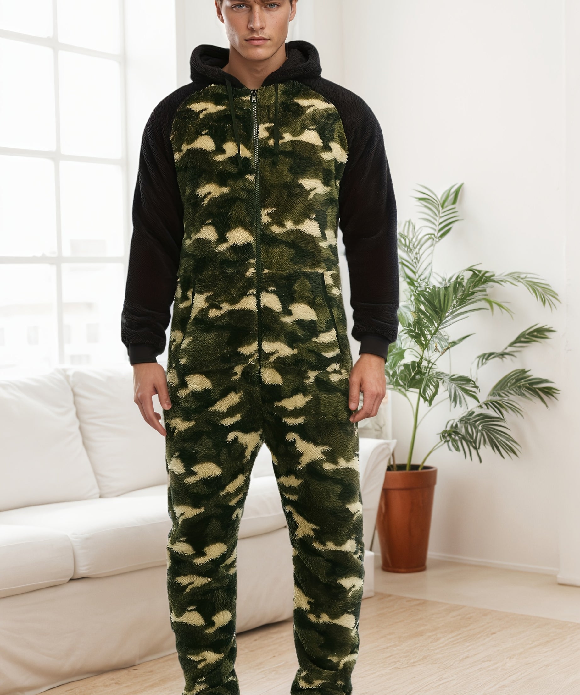 Men'S Heavy-Duty Full-Zip Hooded Onesie - Long Sleeve Winter Sleepwear, Thermal Insulated Lounge suit with Drawstring Hood, Loose Fit Onesie for Cold Weather, Christmas Costume & Everyday Indoor/Outdoor Use - Easy Zipper Clos