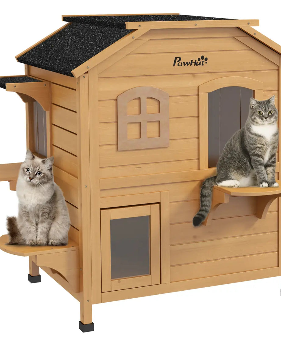 Wooden Cat House Cat Cave Pet Shelter Condos Outdoor Natural Wood Finish