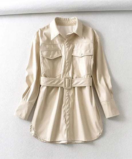 Women's high waist lace-up PU coat